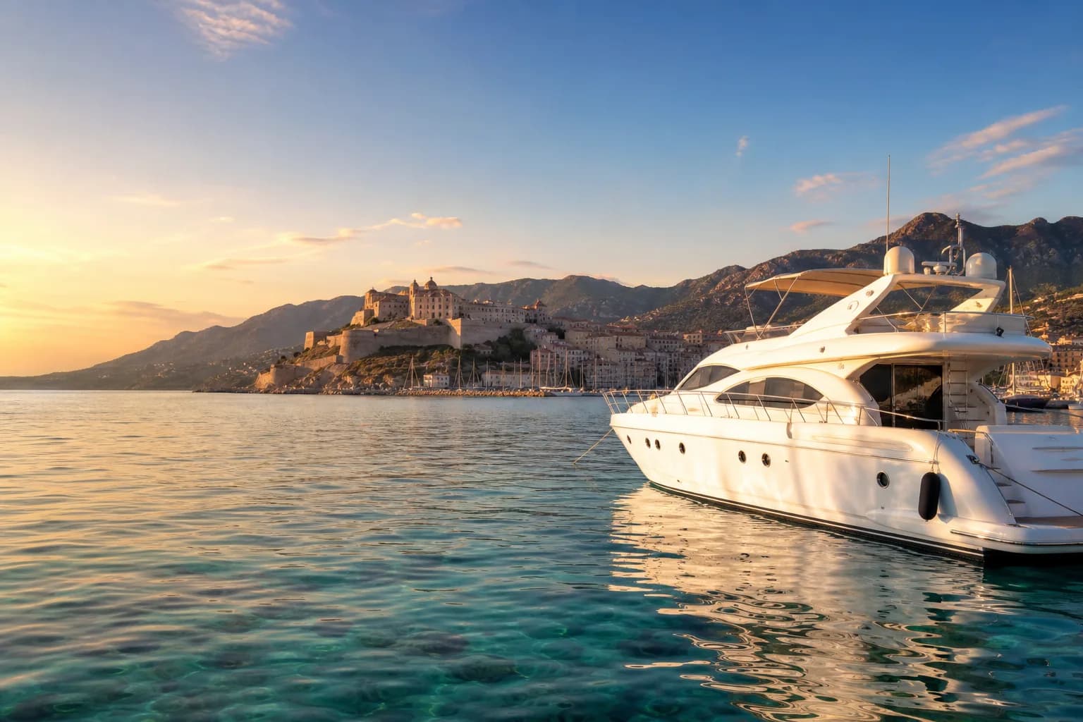 Yacht à moteur amarré dans l’eau turquoise au pied de la citadelle de Calvi au coucher du soleil