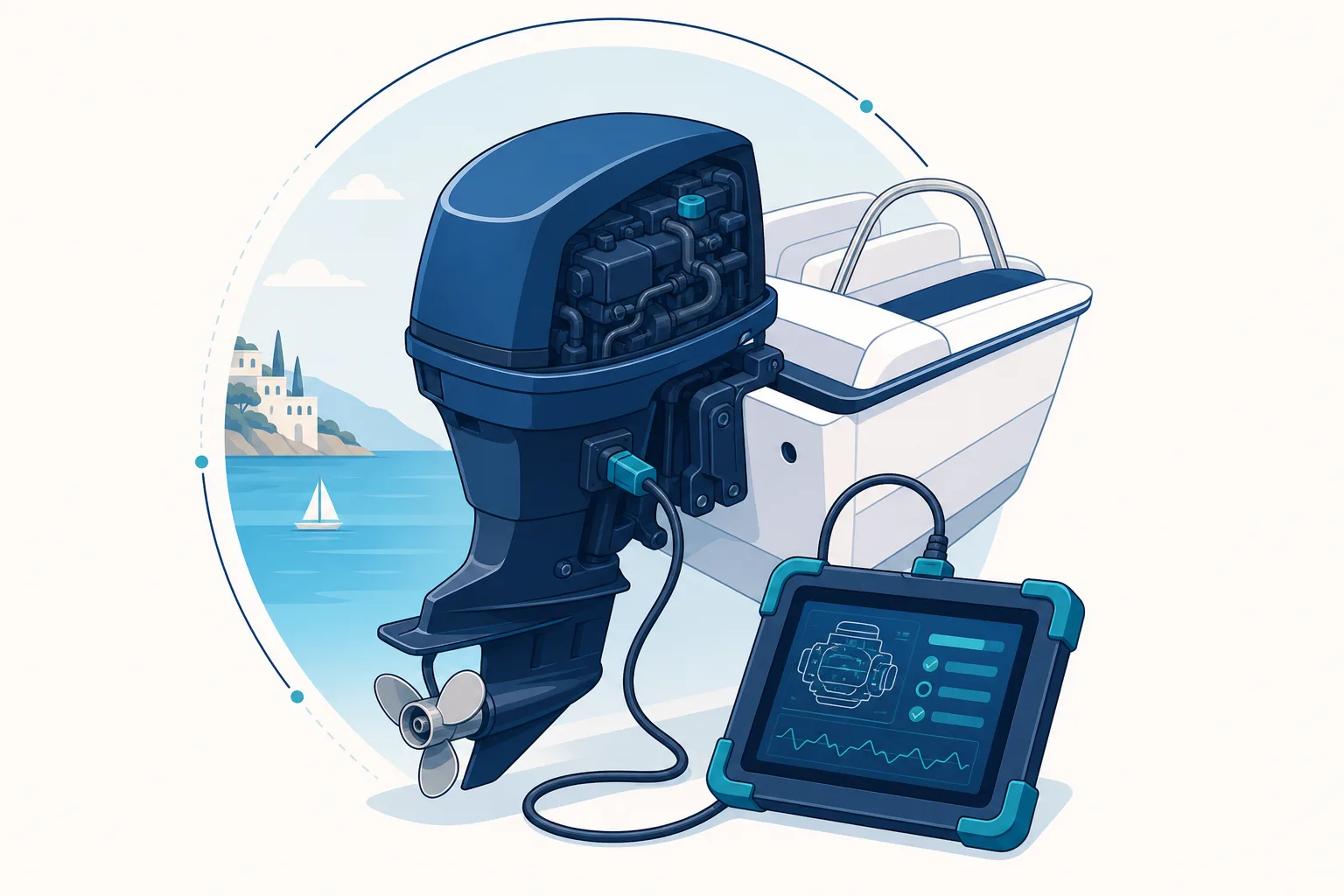 Illustration d’un moteur de bateau relié à un outil de diagnostic