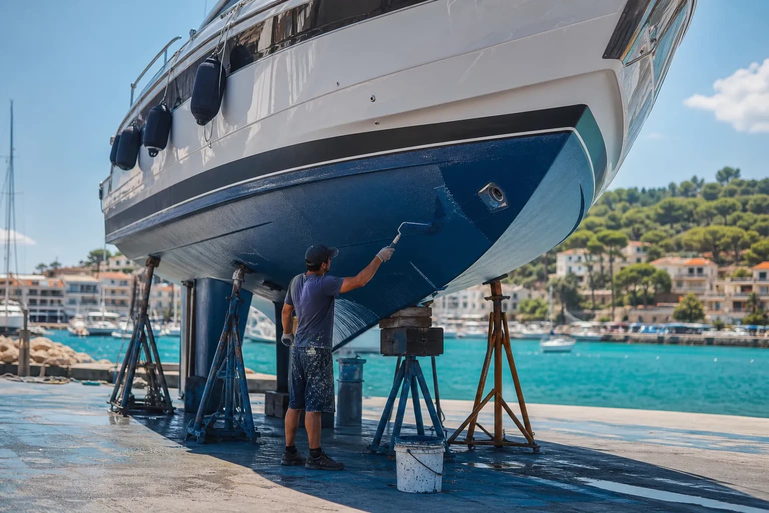 Application d’antifouling sur la carène d’un bateau sorti d’eau à Calvi