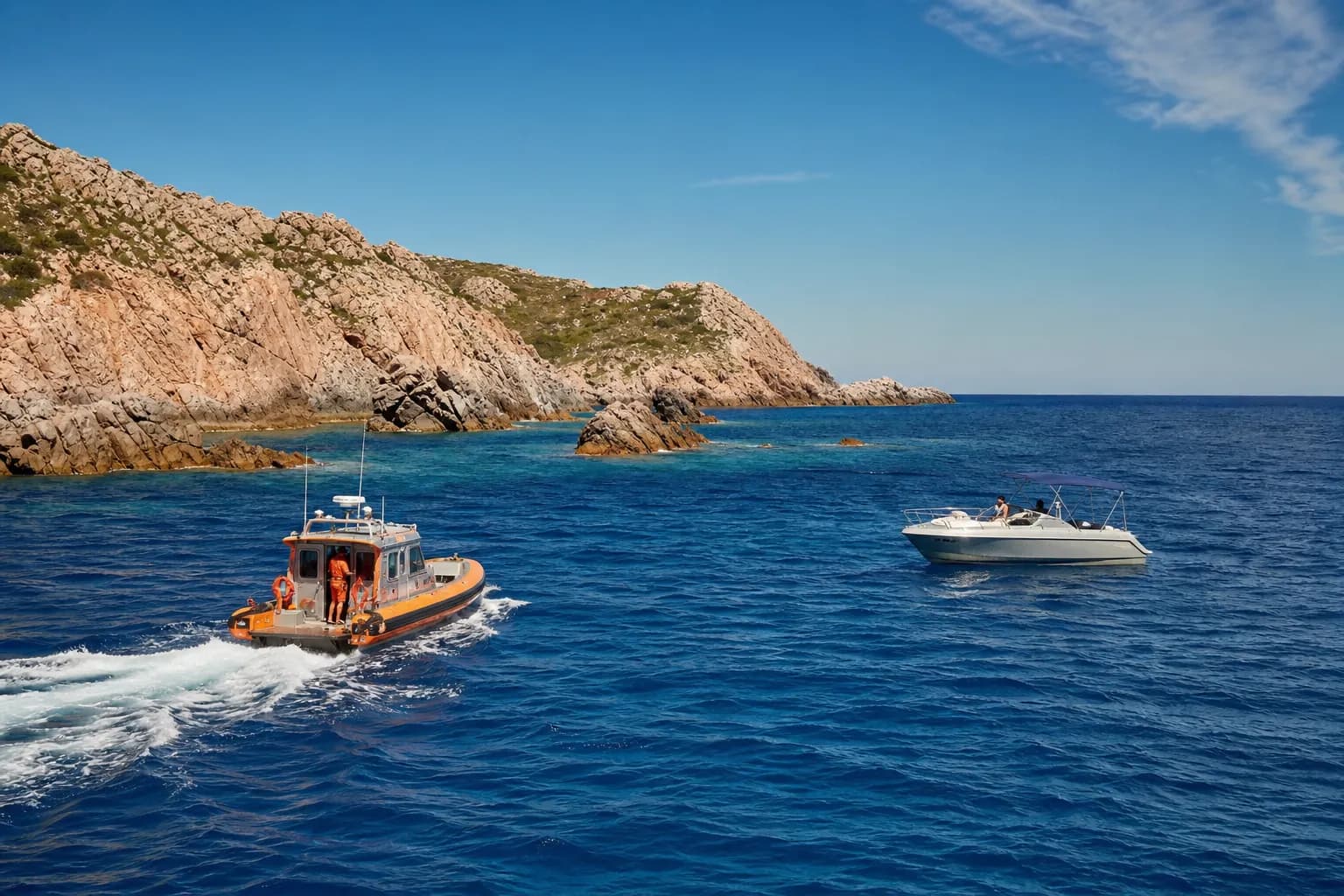Bateau d’assistance rejoignant un bateau à moteur en panne au large de Calvi