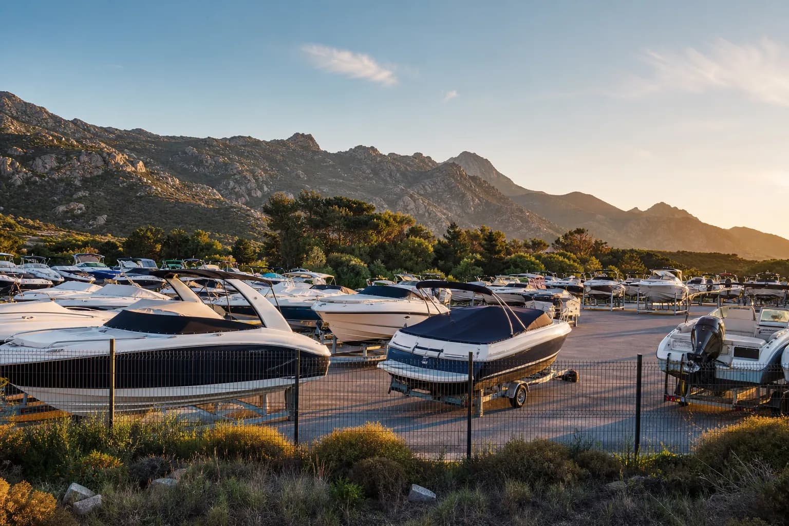 Bateaux à moteur stockés dans un parc clos et sécurisé en Balagne