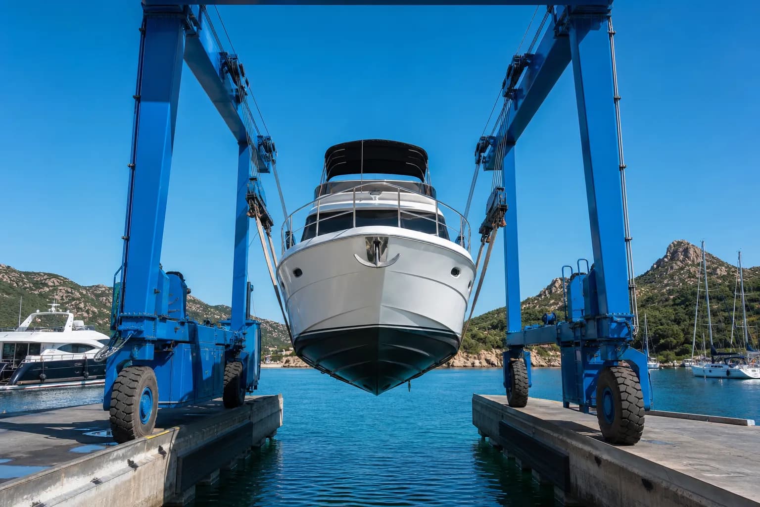 Bateau à moteur levé par un travelift au port de Calvi