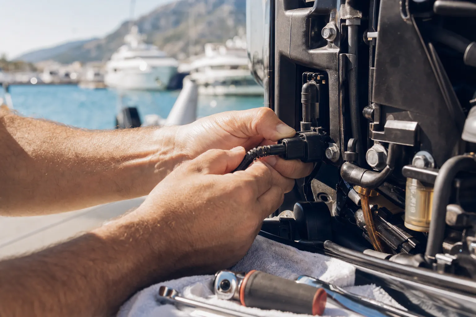 Diagnostic et réparation d’un moteur de bateau à la valise sur un ponton à Calvi